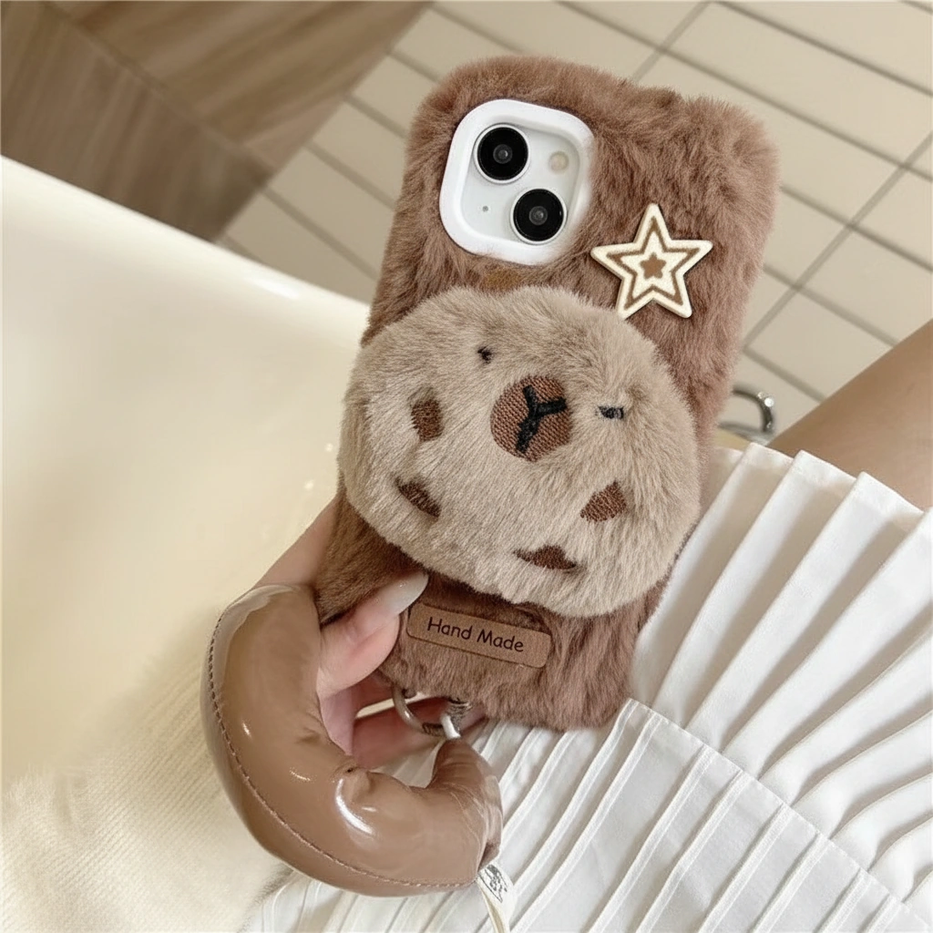 Fluffy Plush Capybara Phone Case with Puffy Wrist Strap