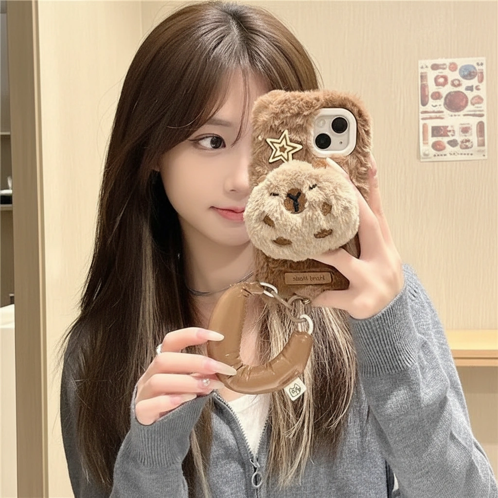 Fluffy Plush Capybara Phone Case with Puffy Wrist Strap