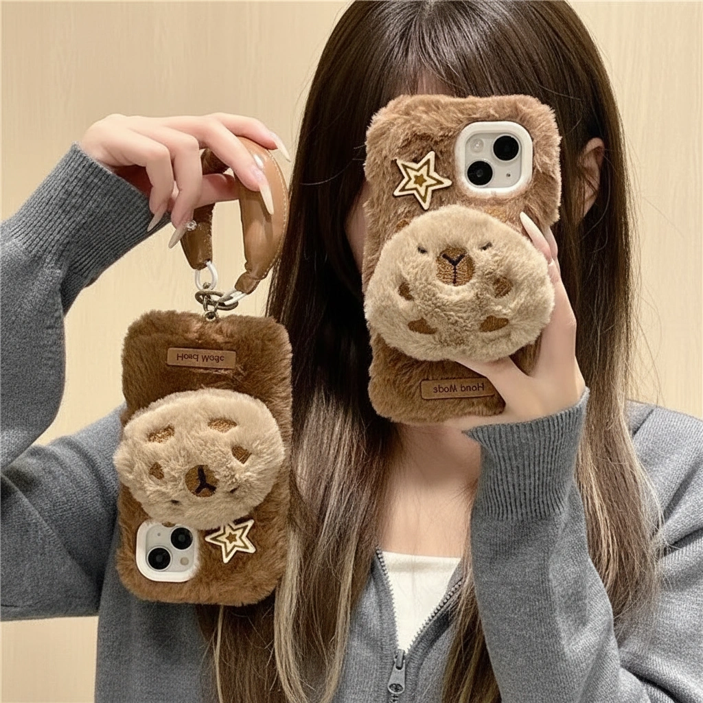 Fluffy Plush Capybara Phone Case with Puffy Wrist Strap