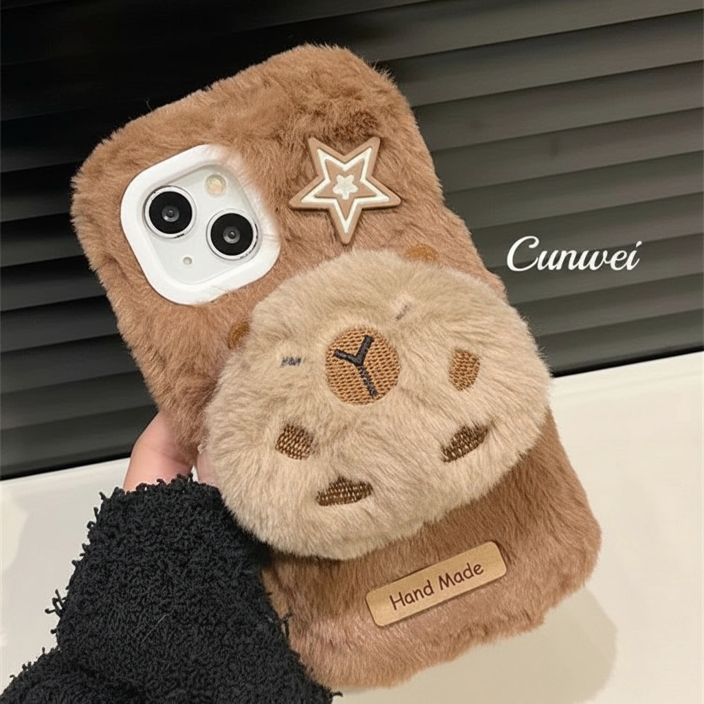 Fluffy Plush Capybara Phone Case with Puffy Wrist Strap
