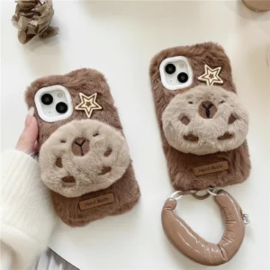 Fluffy Plush Capybara Phone Case with Puffy Wrist Strap
