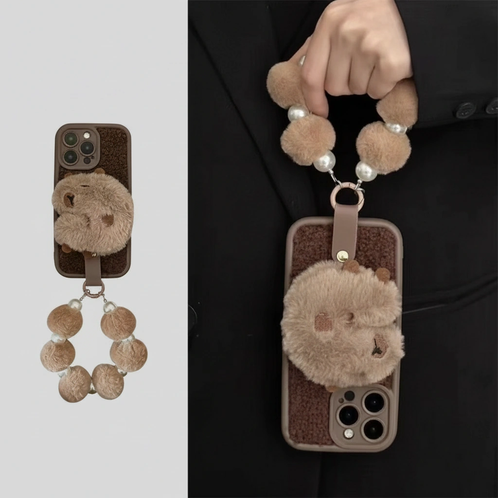 Plush Capybara Phone Case with Pom-Pom Wrist Strap