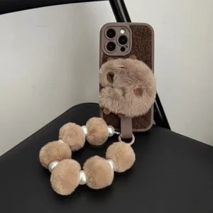 Plush Capybara Phone Case with Pom-Pom Wrist Strap