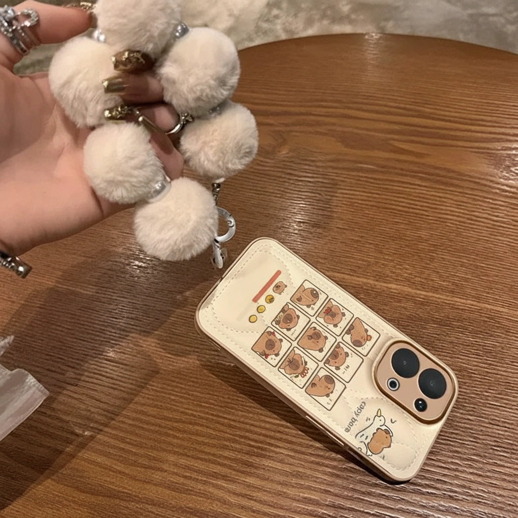 Cream Capybara Phone Case with Pom Pom Wrist Strap