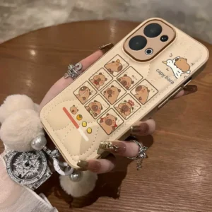 Cream Capybara Phone Case with Pom Pom Wrist Strap