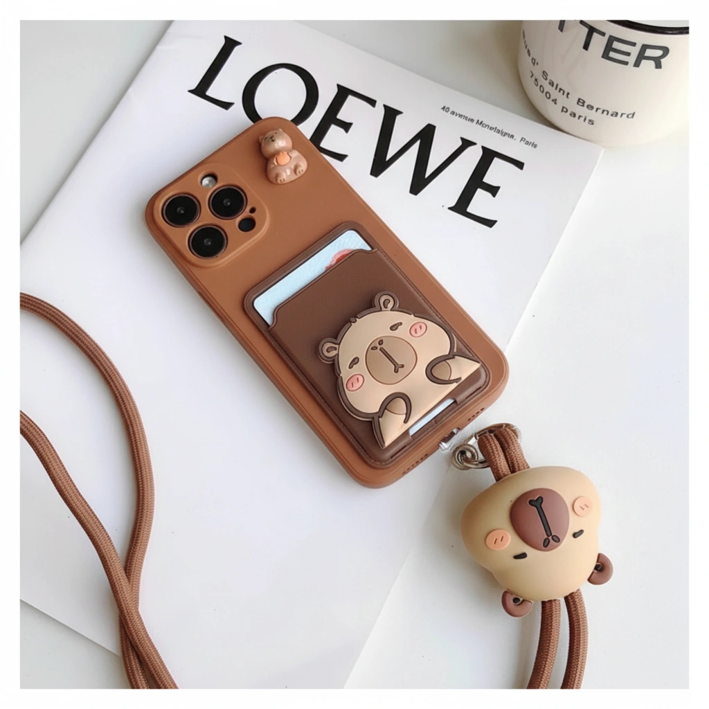 Cute Capybara Card Holder Phone Case with Crossbody Lanyard