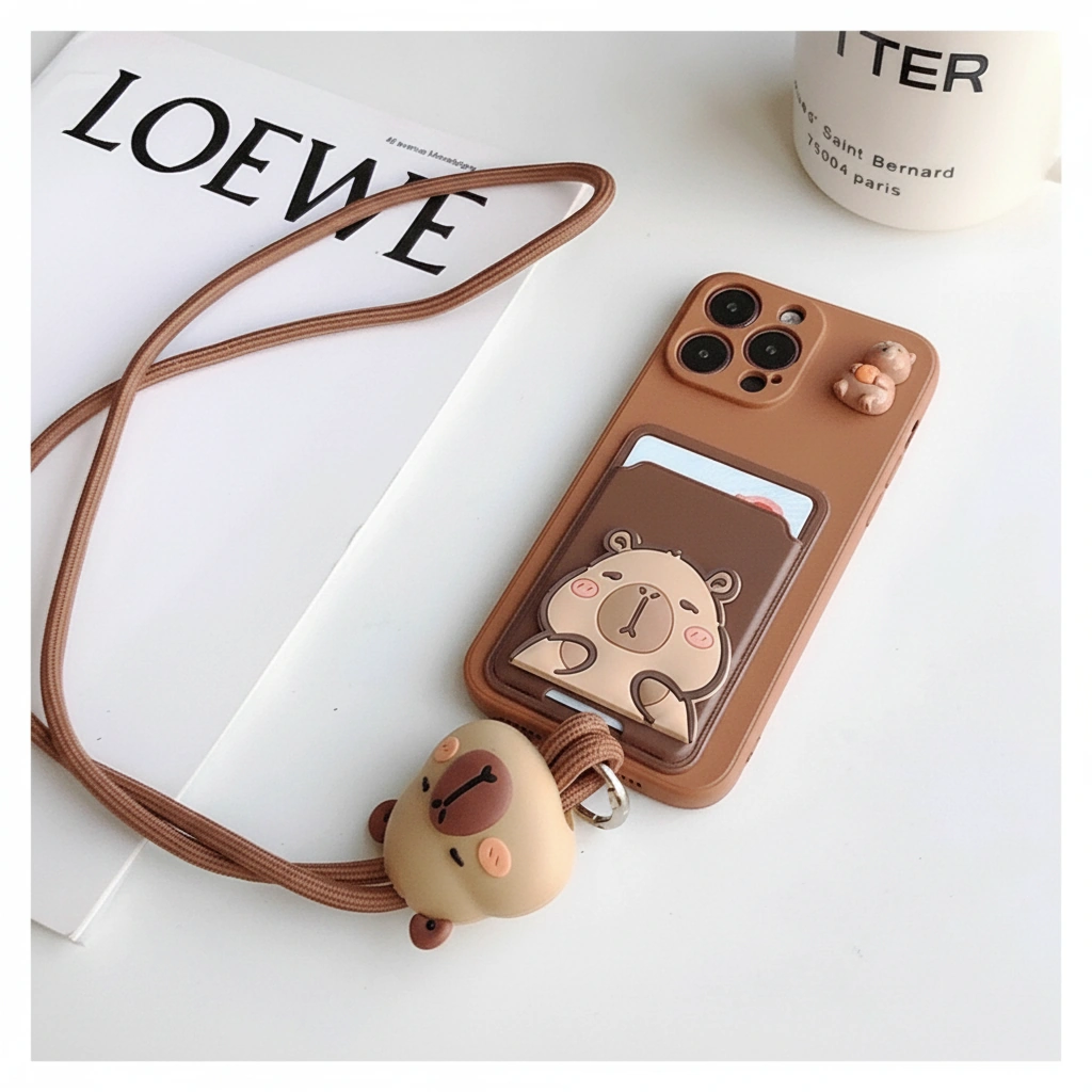 Cute Capybara Card Holder Phone Case with Crossbody Lanyard