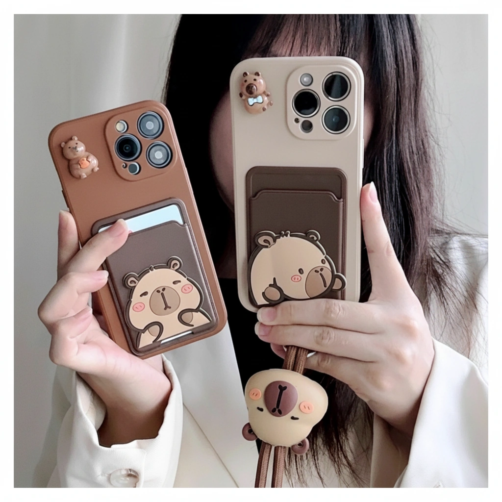 Cute Capybara Card Holder Phone Case with Crossbody Lanyard