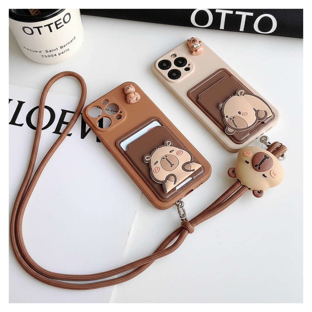 Cute Capybara Card Holder Phone Case with Crossbody Lanyard