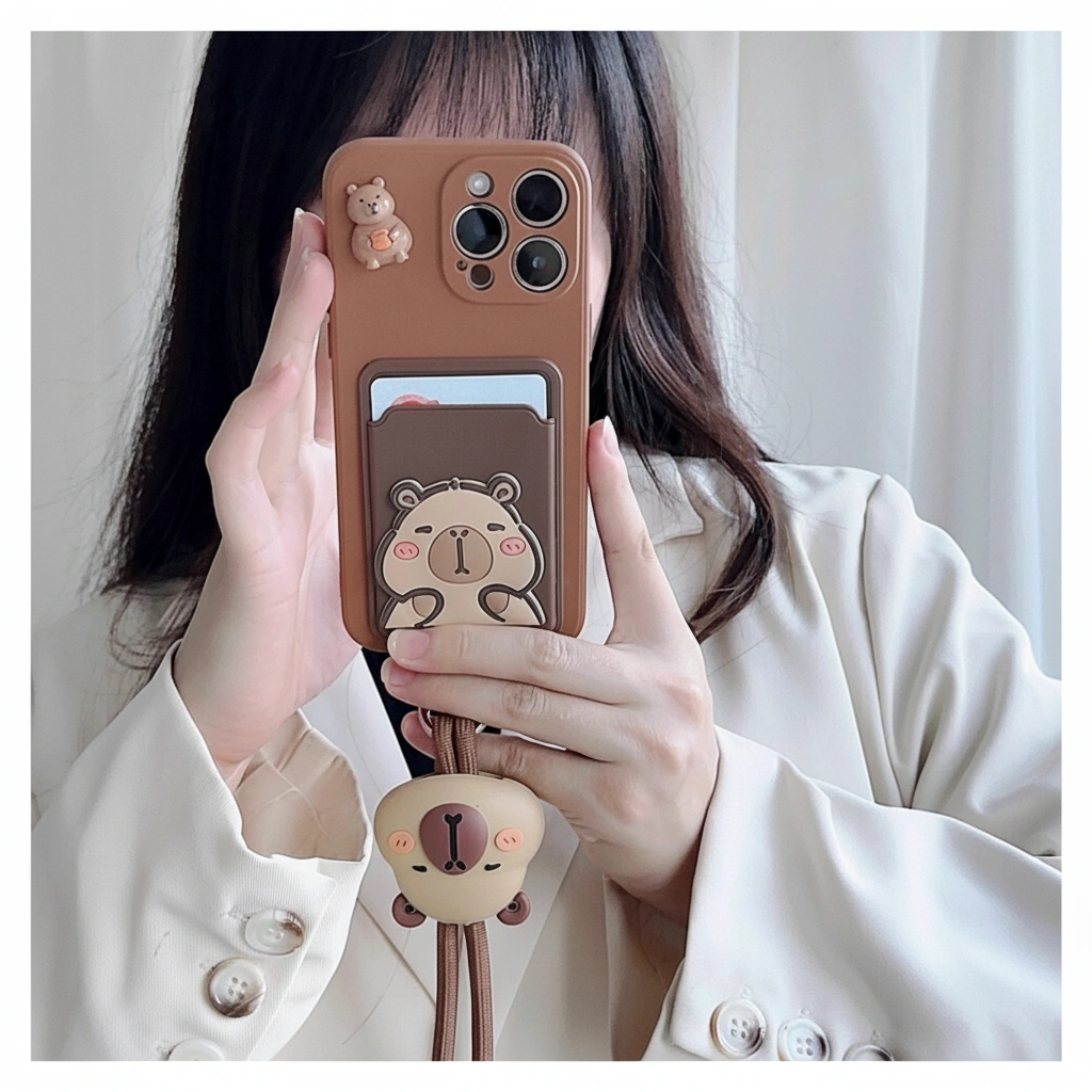 Cute Capybara Card Holder Phone Case with Crossbody Lanyard