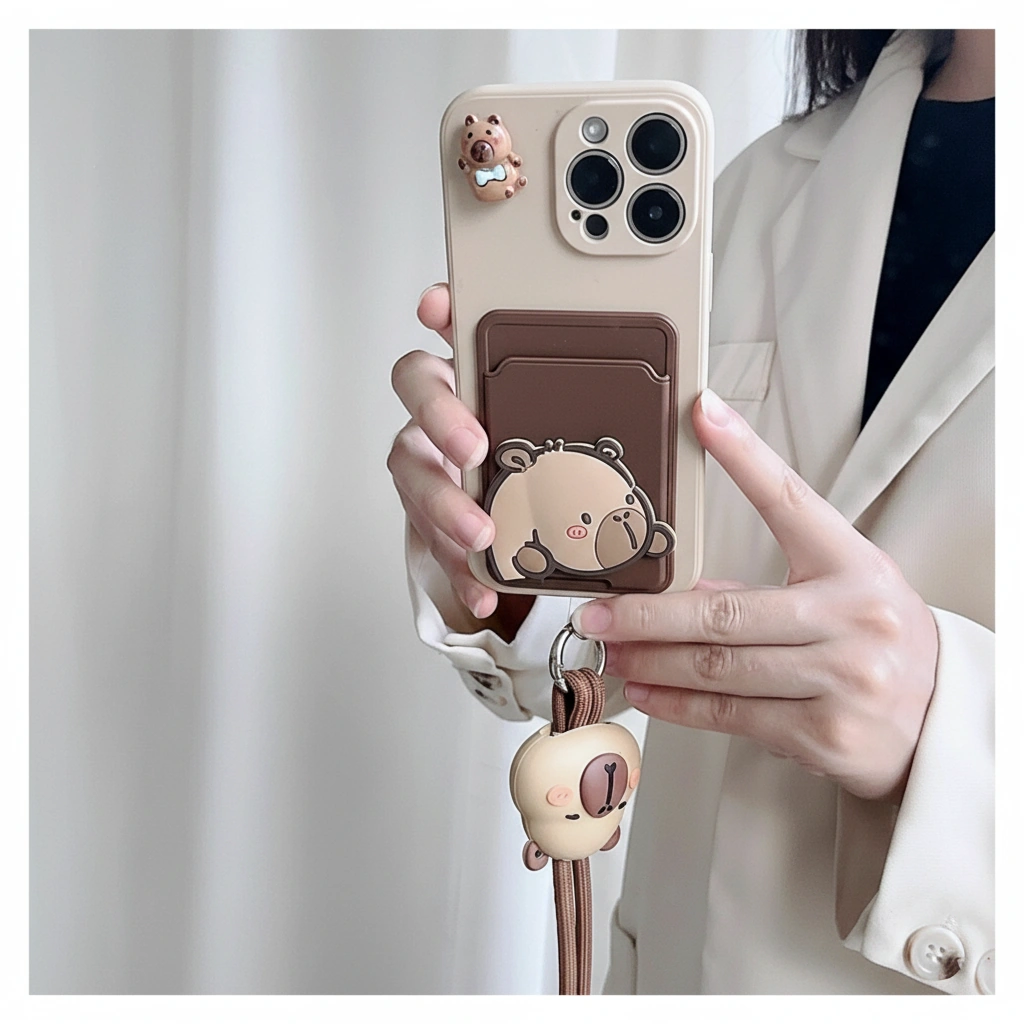 Cute Capybara Card Holder Phone Case with Crossbody Lanyard