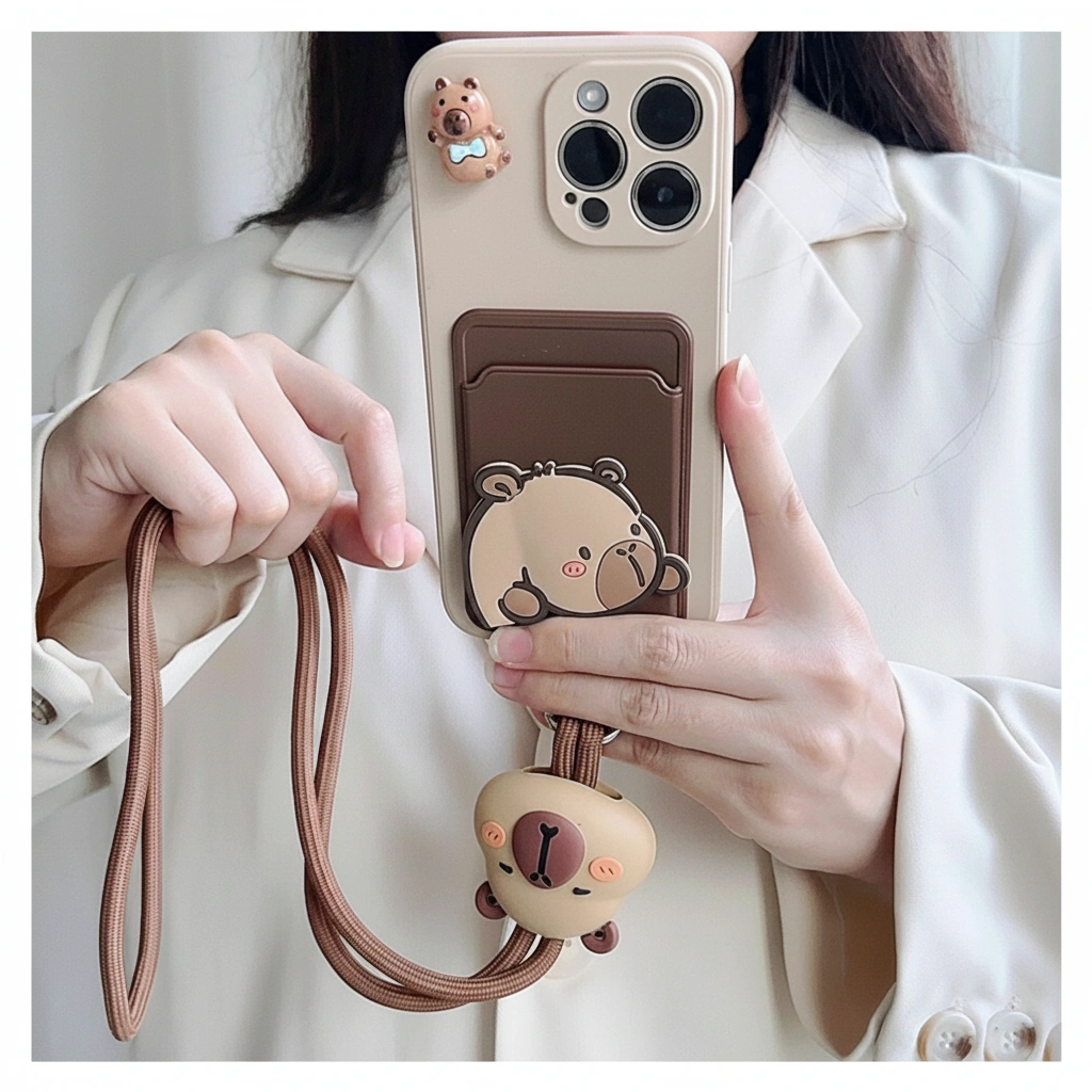 Cute Capybara Card Holder Phone Case with Crossbody Lanyard