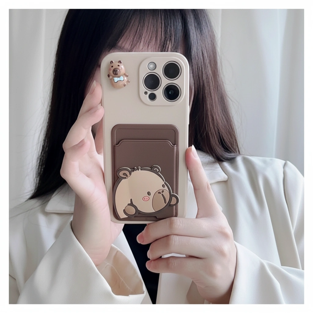 Cute Capybara Card Holder Phone Case with Crossbody Lanyard