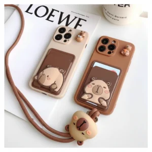 Cute Capybara Card Holder Phone Case with Crossbody Lanyard