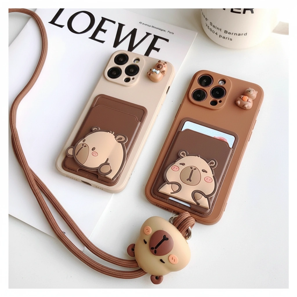 Cute Capybara Card Holder Phone Case with Crossbody Lanyard