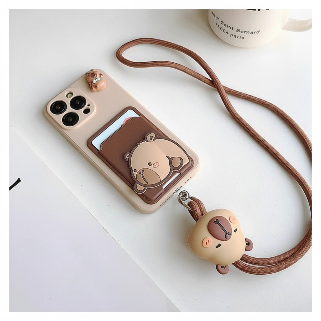 Cute Capybara Card Holder Phone Case with Crossbody Lanyard