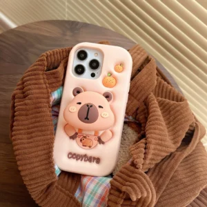 Pink Capybara Phone Case with Retractable 3D Grip Stand