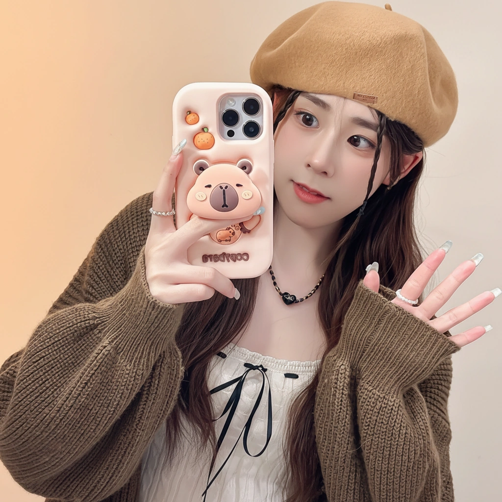 Pink Capybara Phone Case with Retractable 3D Grip Stand