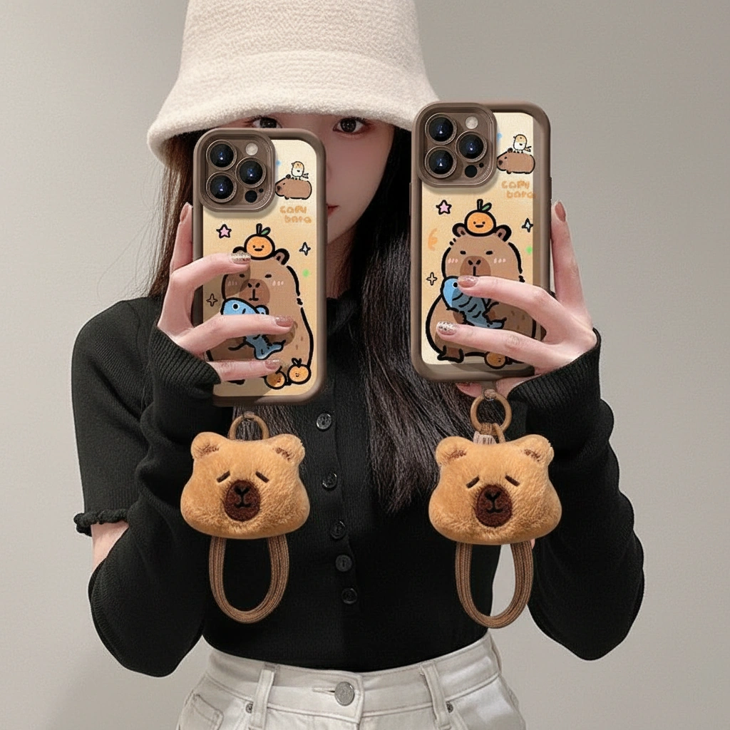 Capybara Phone Case with Plush Charm