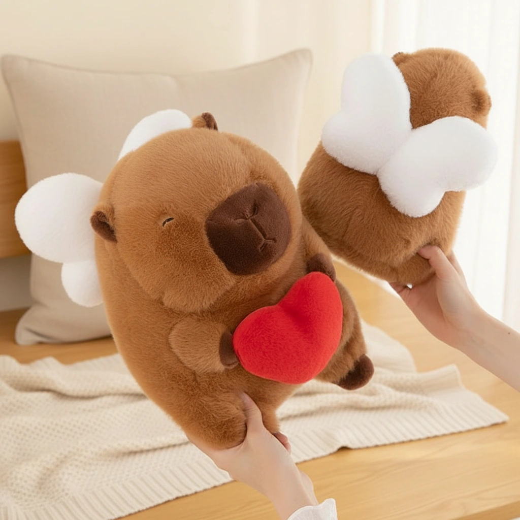 Soft brown capybara plush toy featuring white angel wings on its back and holding a red heart, shown in a cozy bedroom setting.