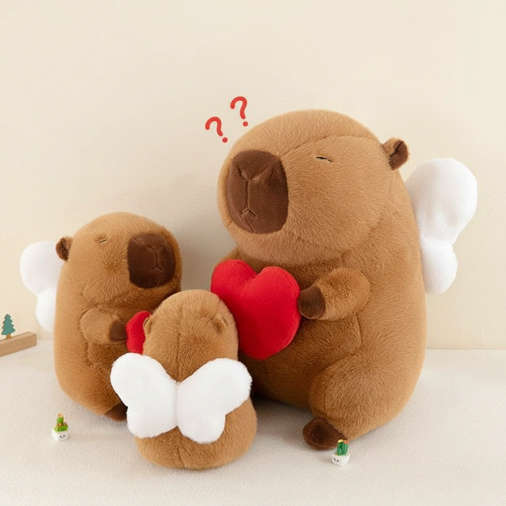 Soft brown capybara plush toy featuring white angel wings on its back and holding a red heart, shown in a cozy bedroom setting.