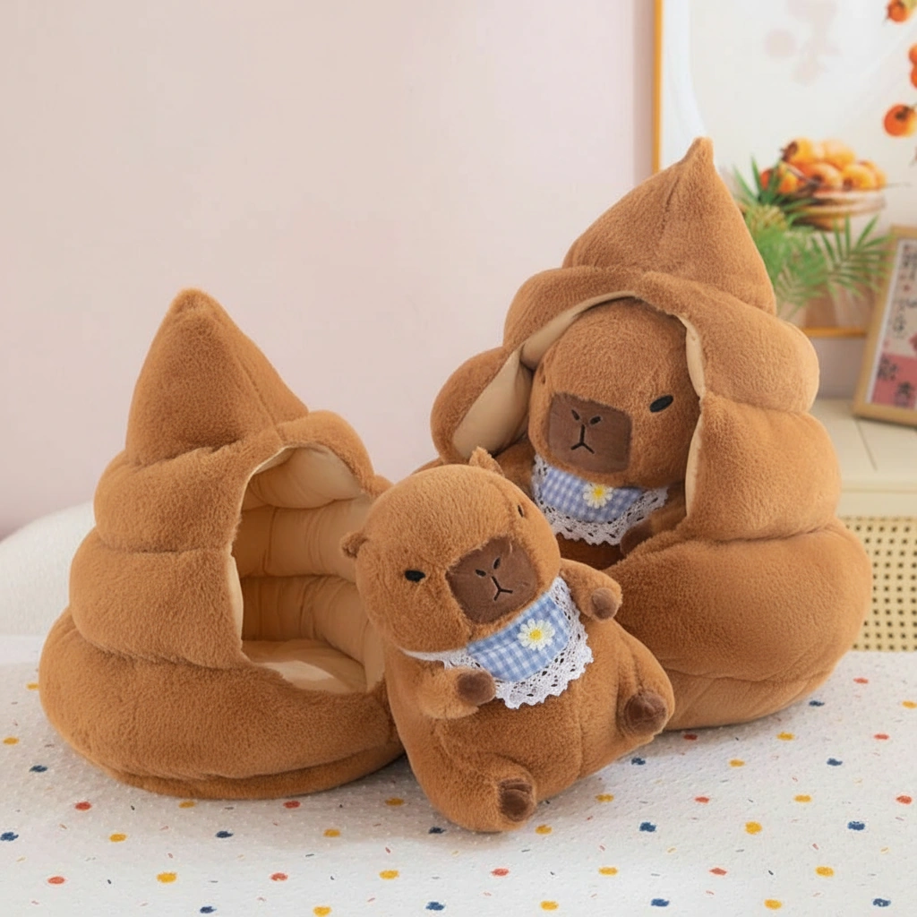 A cute brown capybara plush toy wearing a blue checkered bib sitting next to a brown poop-emoji shaped plush nest house.