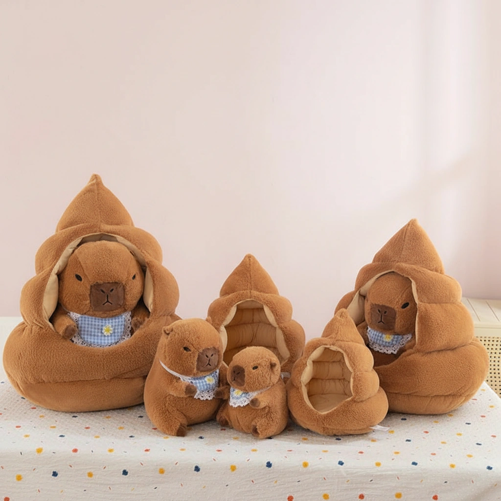 A cute brown capybara plush toy wearing a blue checkered bib sitting next to a brown poop-emoji shaped plush nest house.