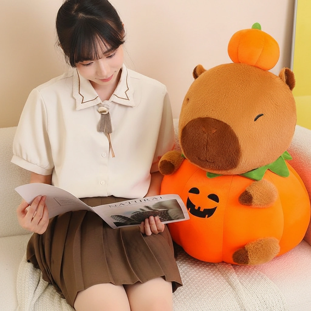 Adorable Halloween capybara plush toy sitting inside a round orange pumpkin costume with a Jack-o'-lantern face and a small pumpkin hat on its head.