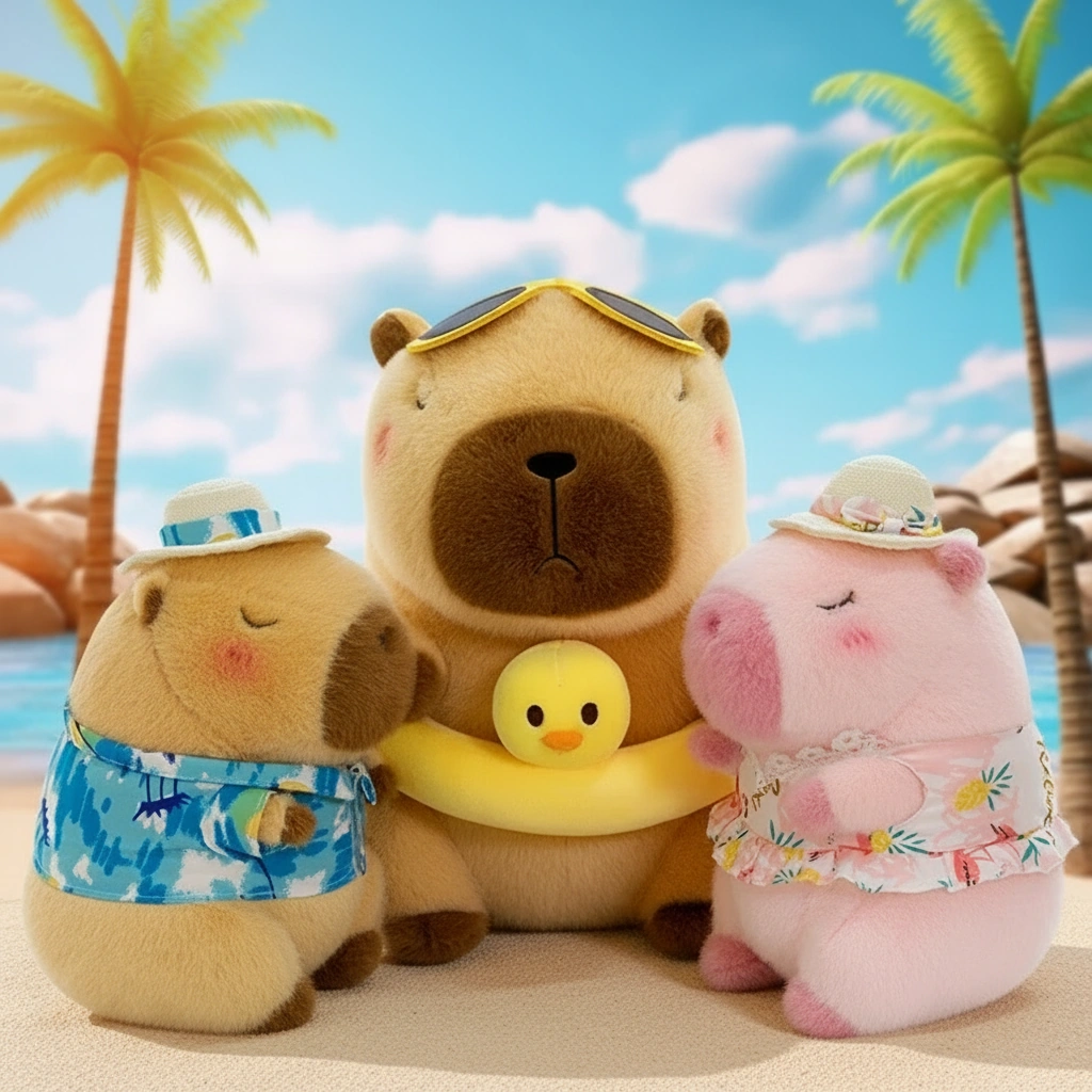 Three variations of a soft capybara plush toy: one in a blue Hawaiian shirt, one pink capybara in a floral dress, and one wearing a yellow duck swim ring and sunglasses.