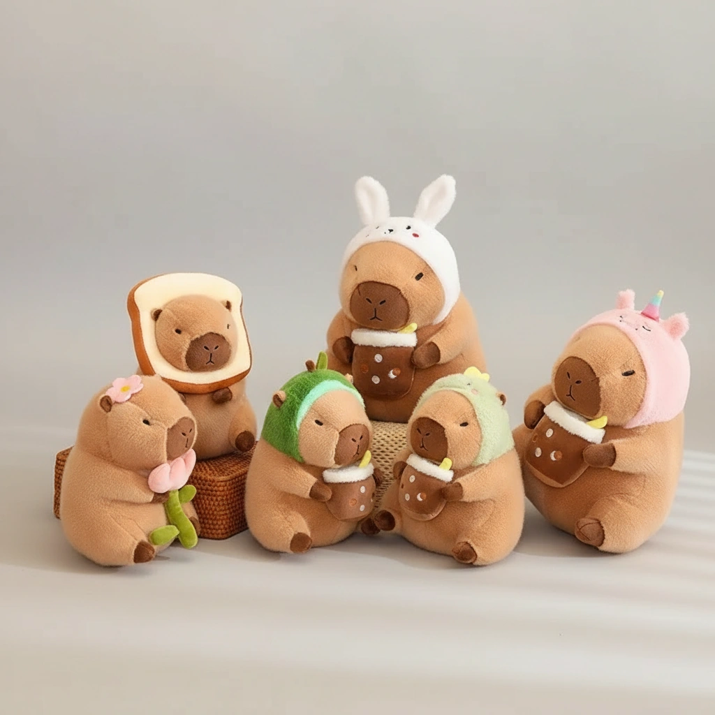 brown capybara plush toy sitting and holding a bubble tea cup