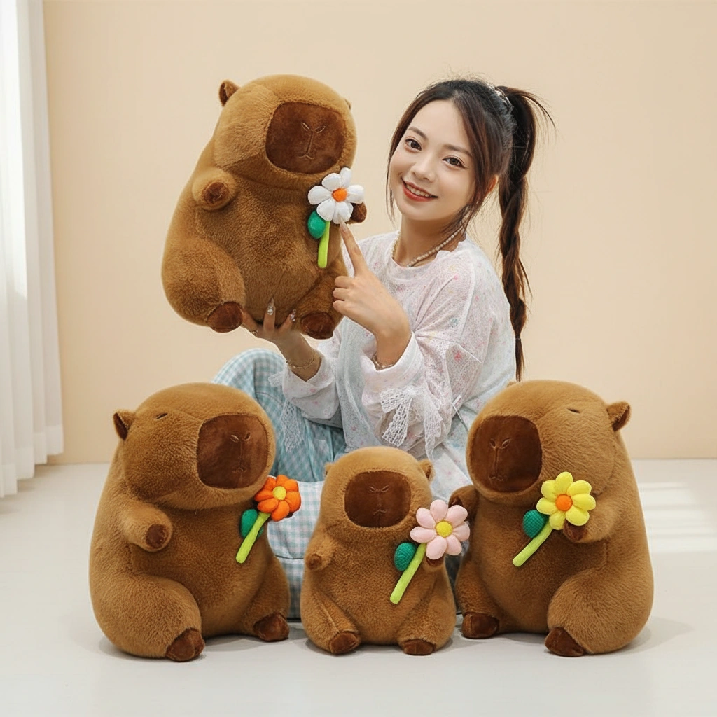 Cute Capybara Plush Holding Flower