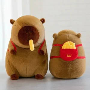 Front and back view of a brown capybara plush toy eating a french fry and wearing a red fast-food fries backpack.