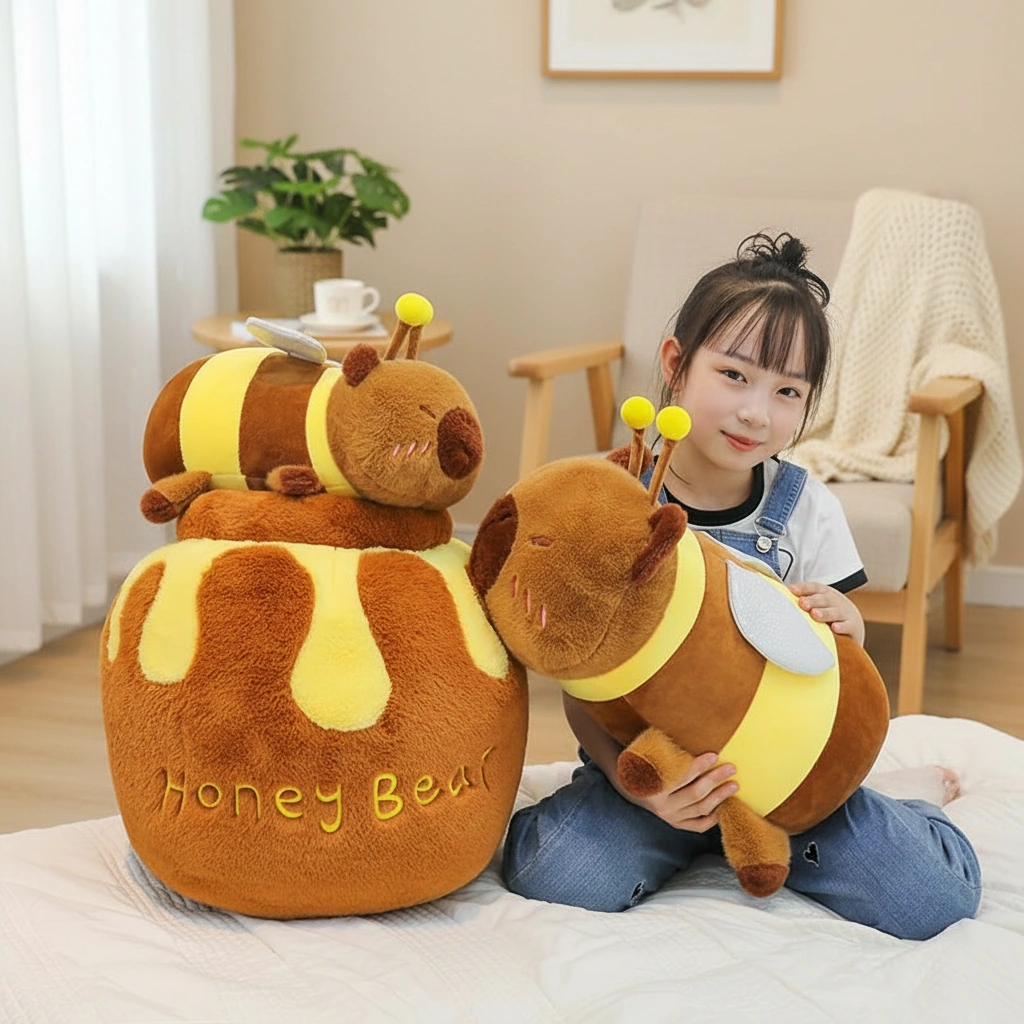A cute girl holding a large honey pot plush toy with a removable bee-themed capybara plush inside, labeled "Honey Bear".