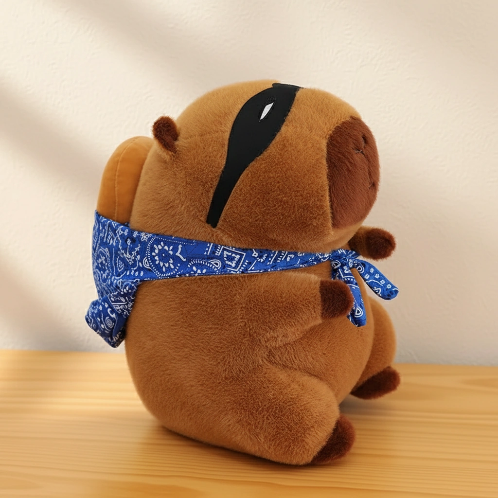 A brown capybara plush toy wearing a black bandit eye mask and carrying a blue bandana sack on its back, sitting on a couch.