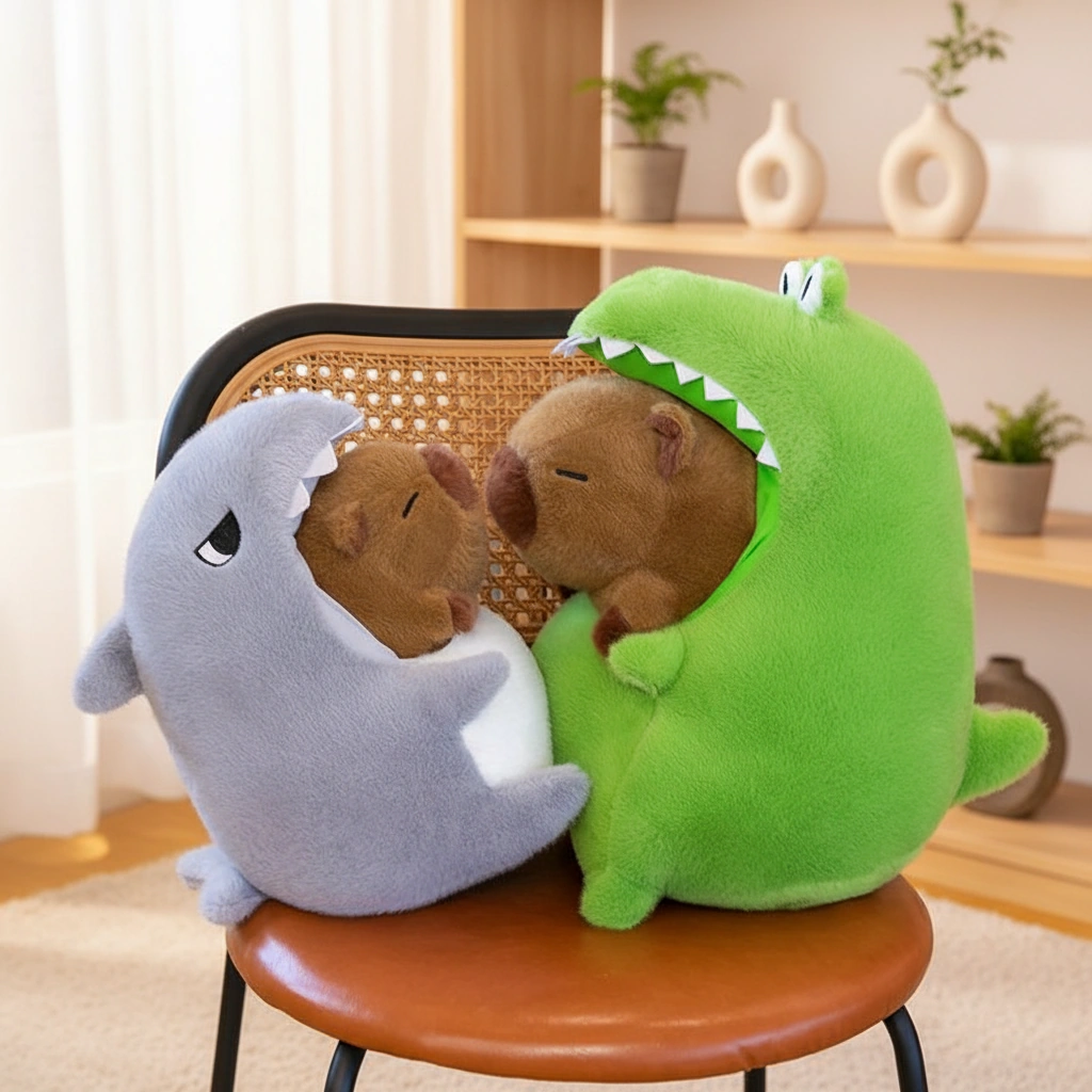 Kawaii Capybara Plush in Shark & Crocodile Pajamas