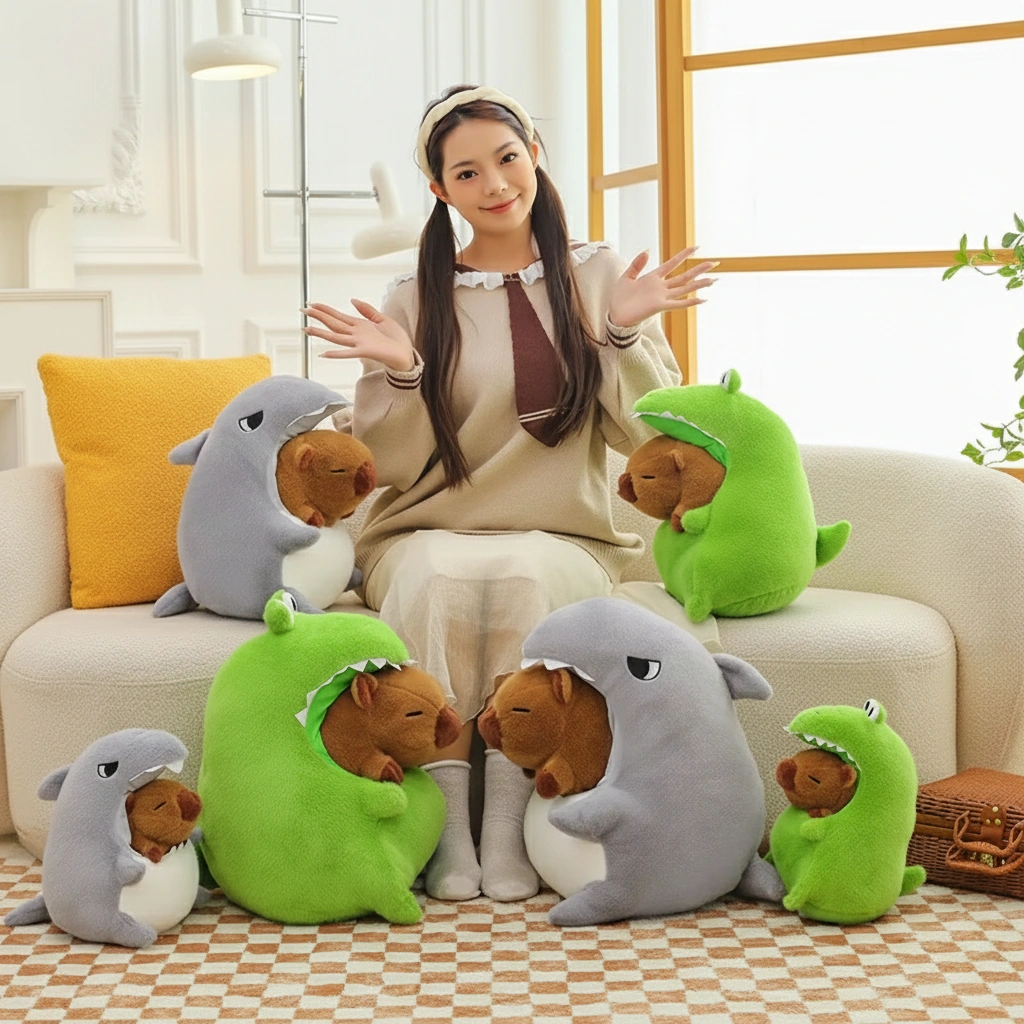 Kawaii Capybara Plush in Shark & Crocodile Pajamas