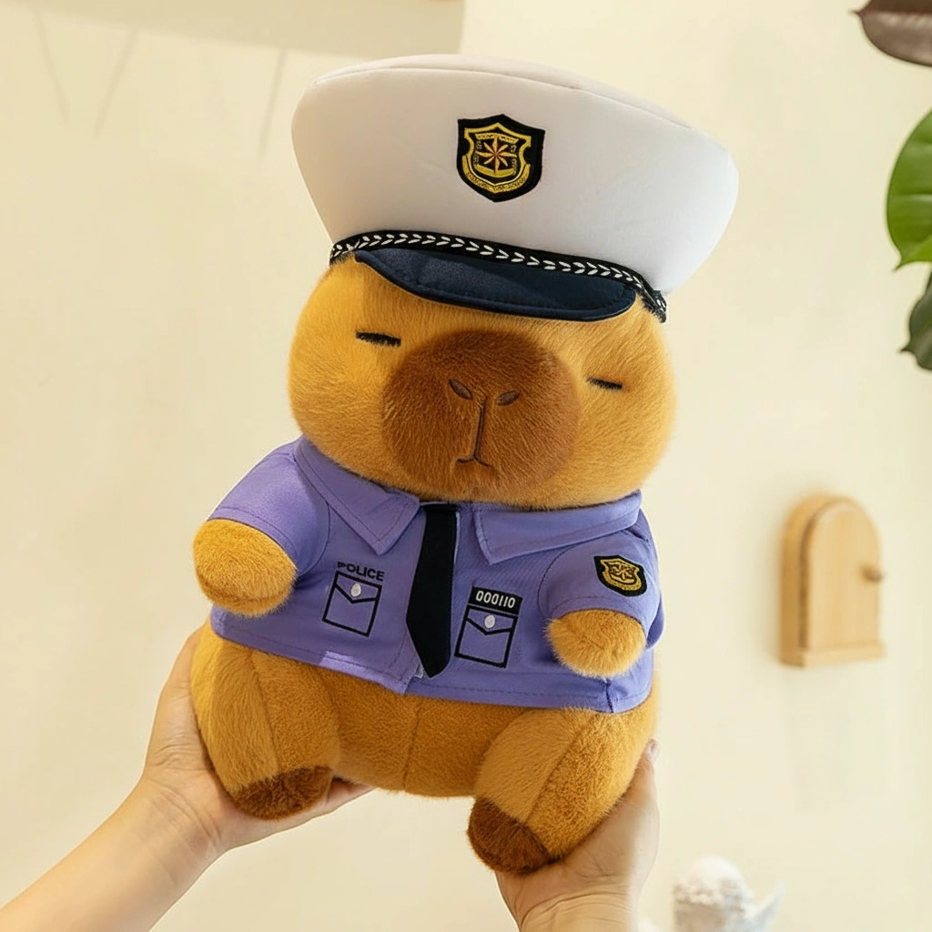 Adorable police capybara plush toy wearing a white officer hat and purple uniform shirt with a tie, held up against a cream background.