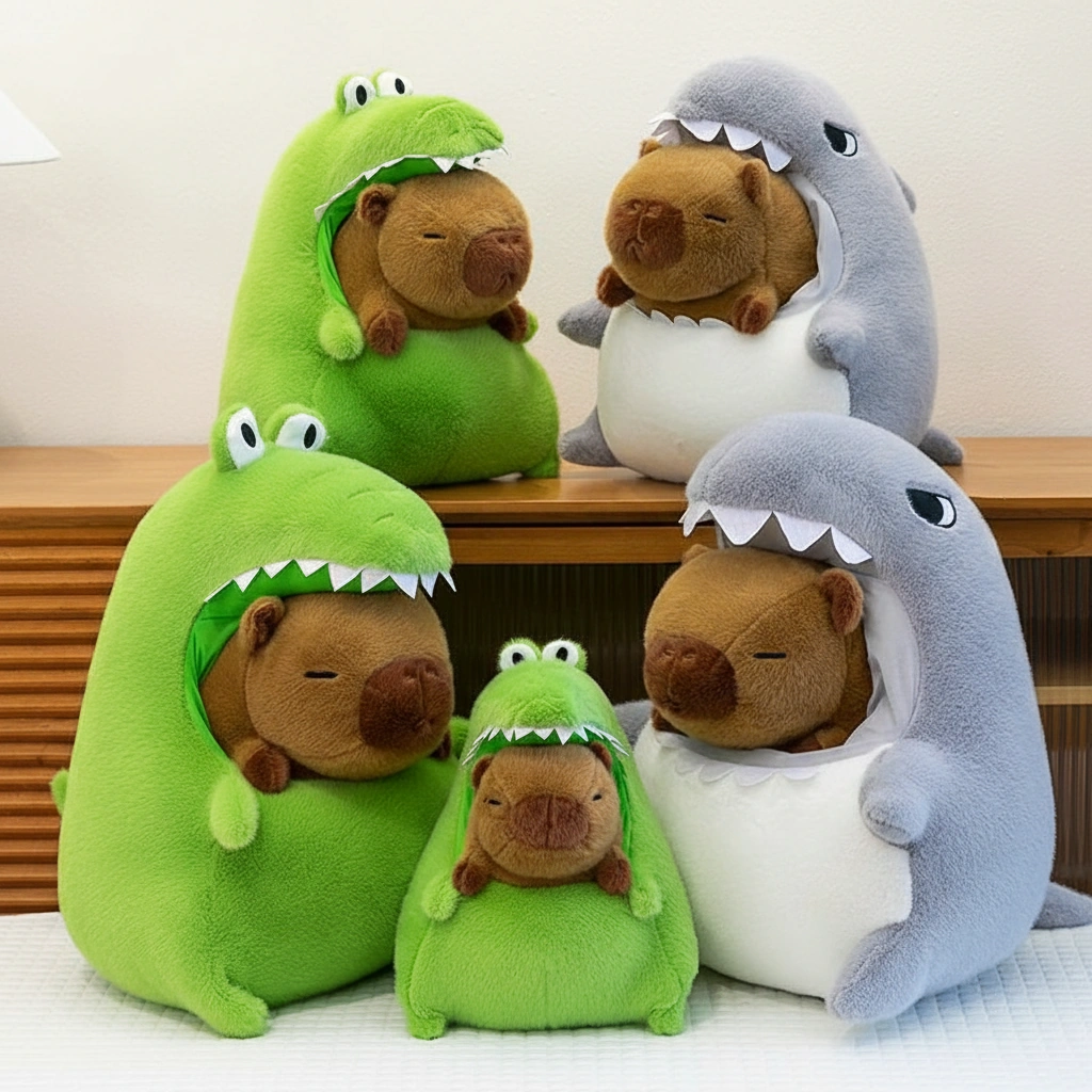 Kawaii Capybara Plush in Shark & Crocodile Pajamas