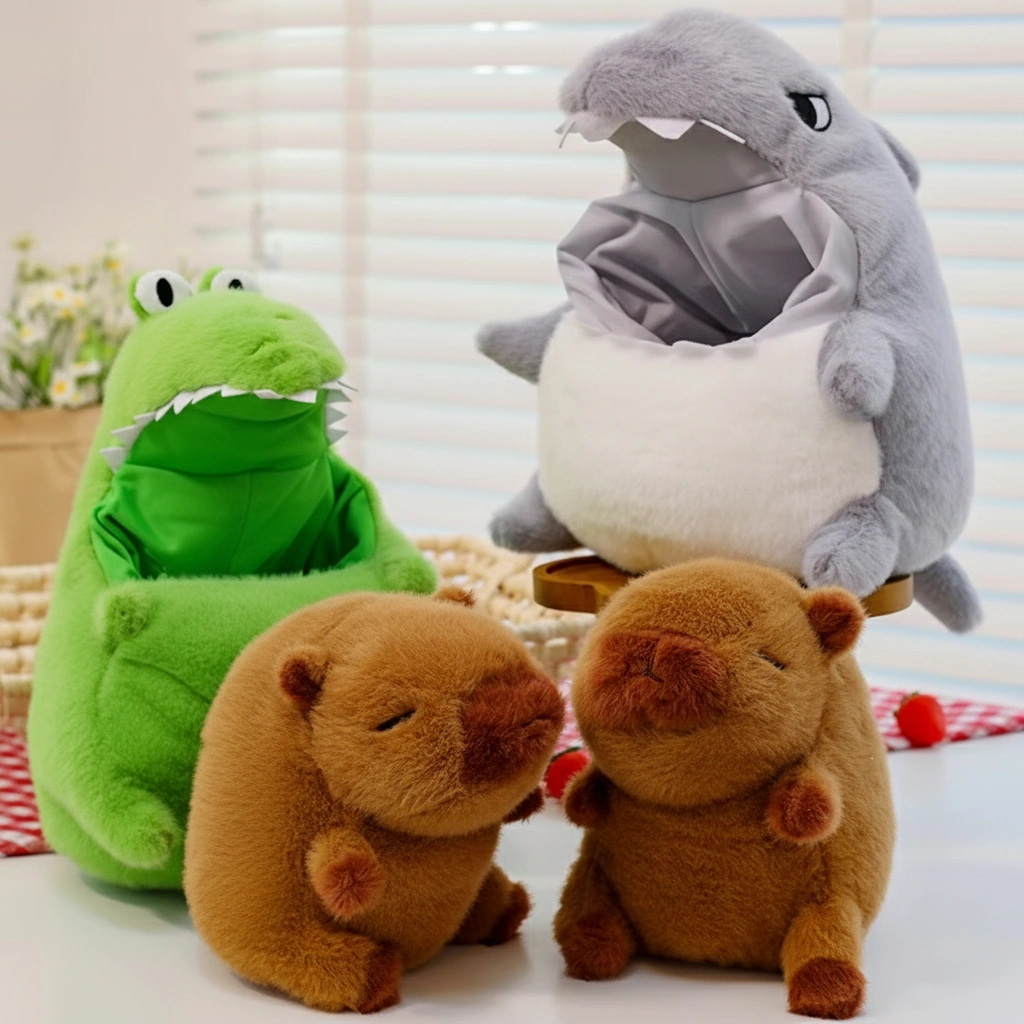 Kawaii Capybara Plush in Shark & Crocodile Pajamas