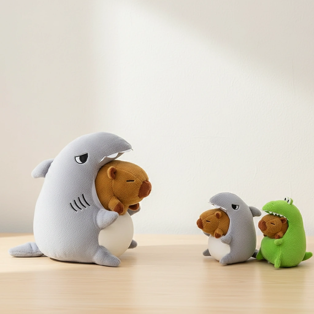 Kawaii Capybara Plush in Shark & Crocodile Pajamas