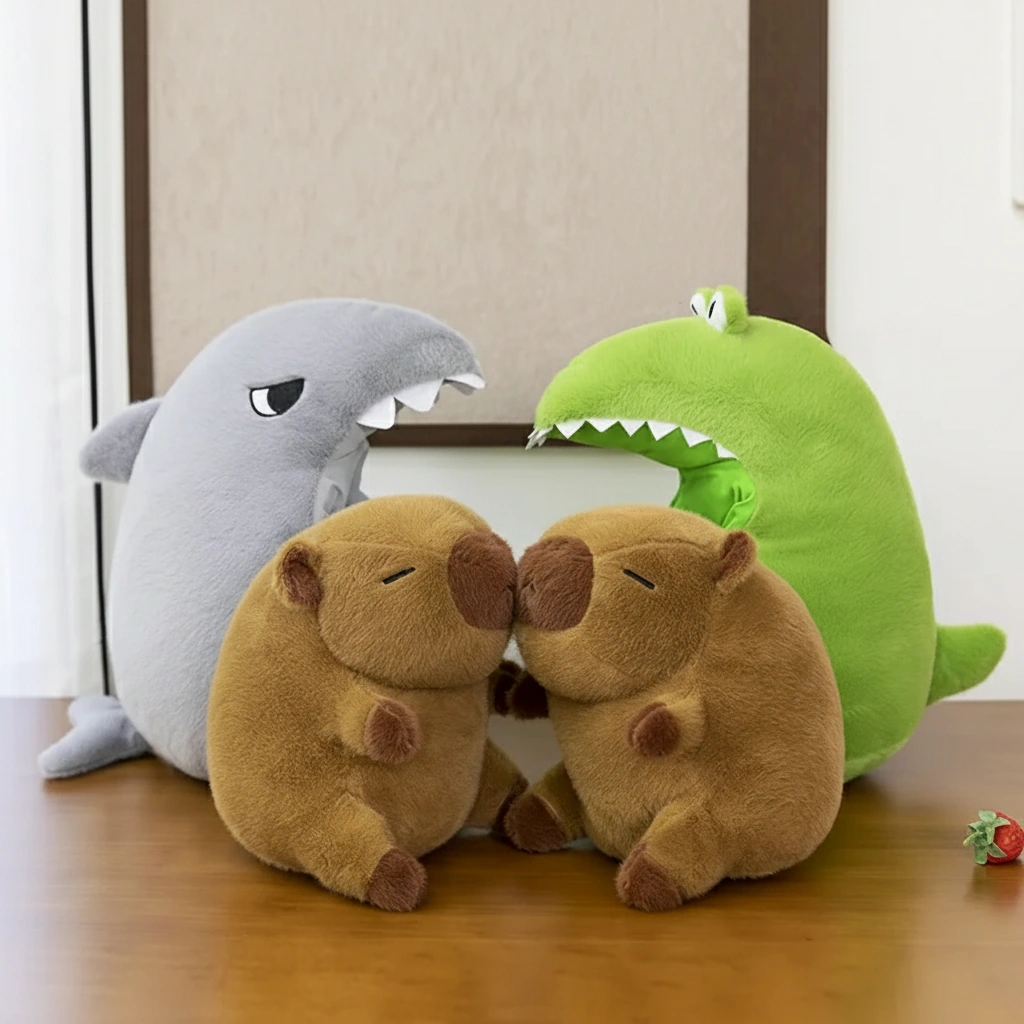 Kawaii Capybara Plush in Shark & Crocodile Pajamas