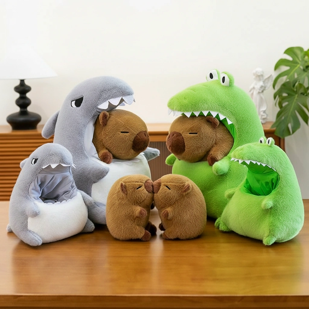 Kawaii Capybara Plush in Shark & Crocodile Pajamas