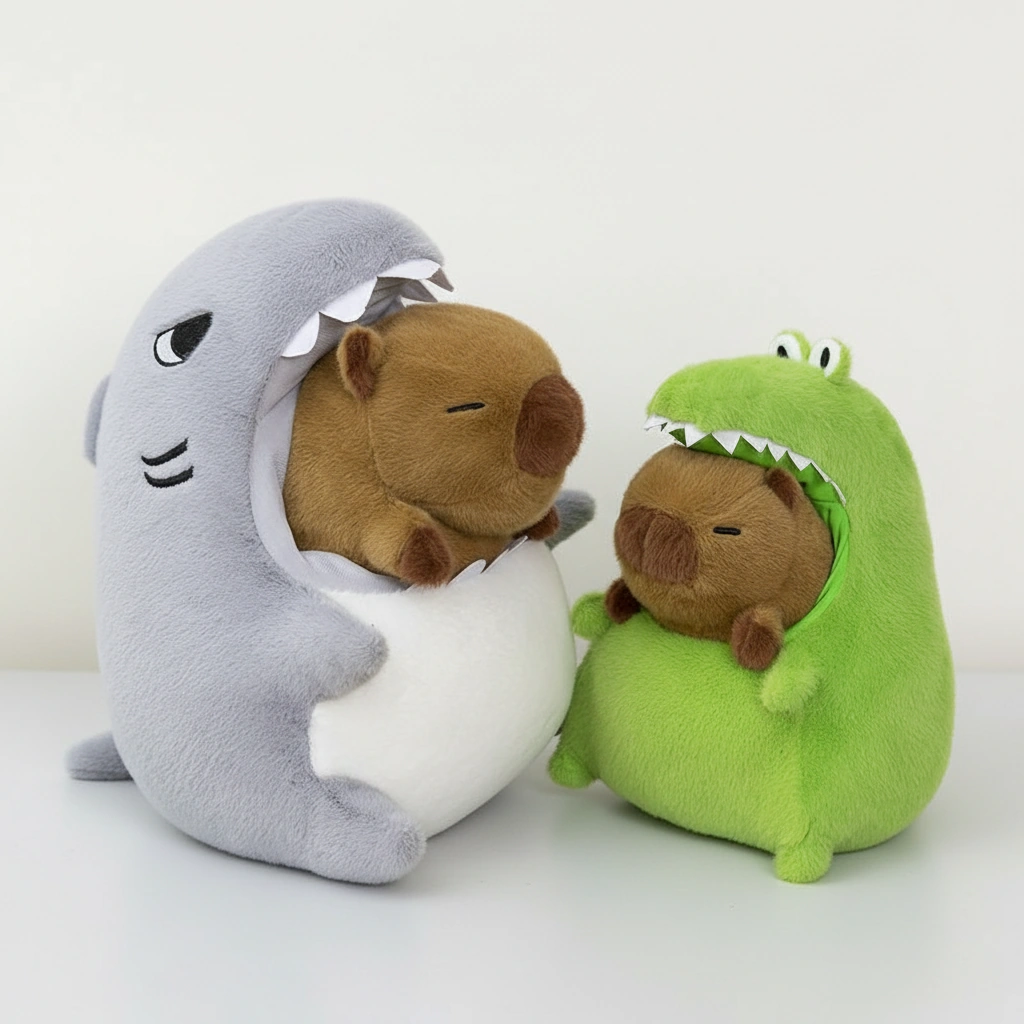 Kawaii Capybara Plush in Shark & Crocodile Pajamas