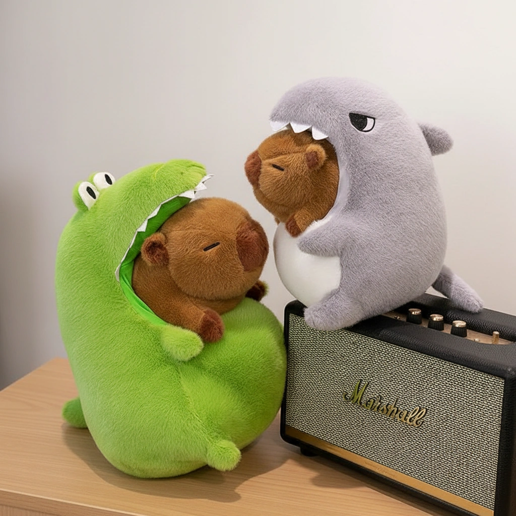 Kawaii Capybara Plush in Shark & Crocodile Pajamas