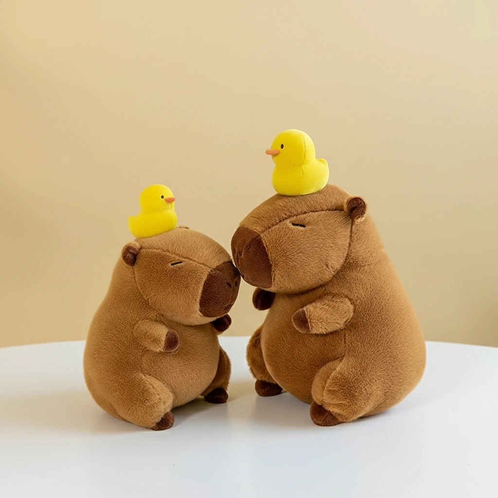 A soft brown capybara plush sitting upright with closed eyes and a small yellow duck toy perched on top of its head.