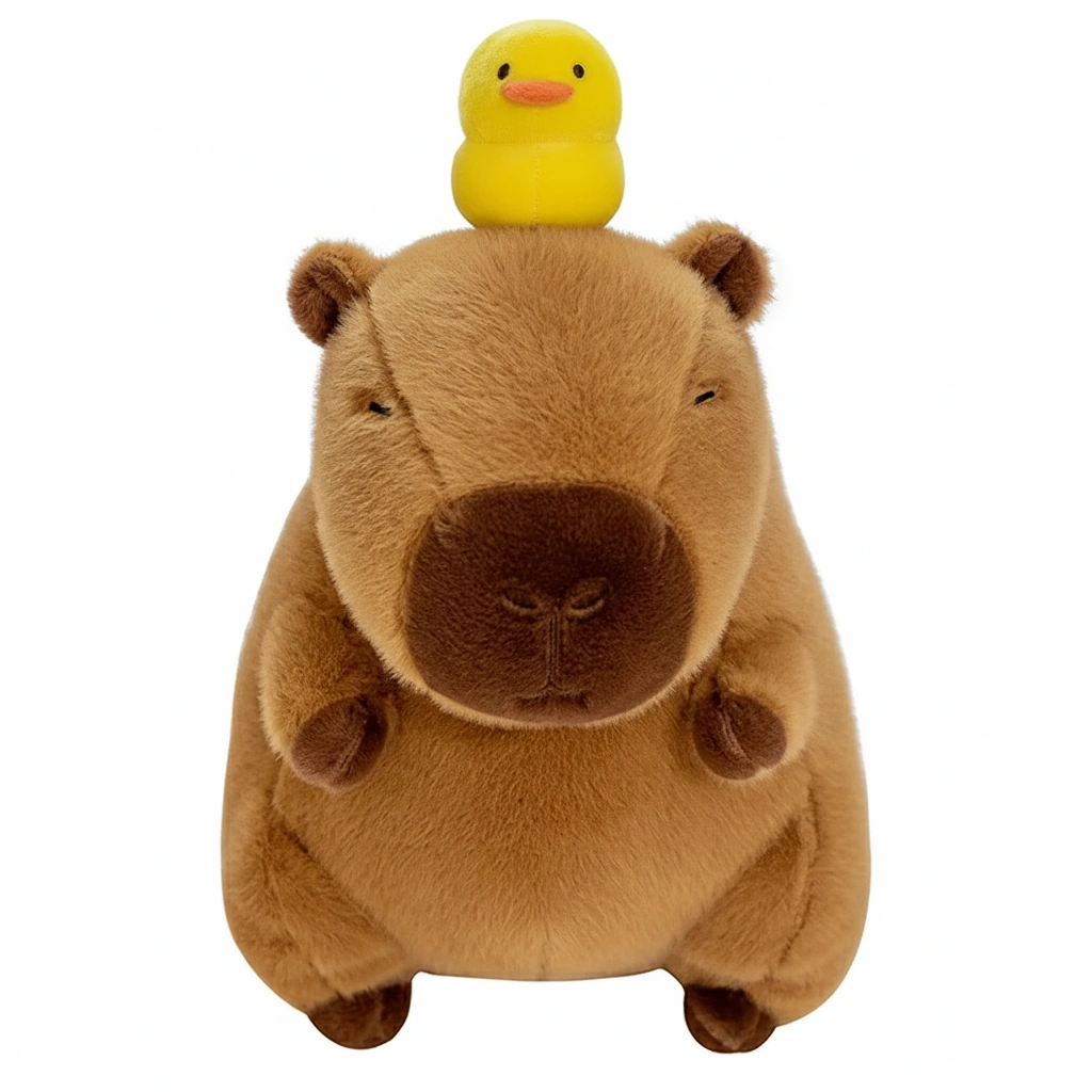 A soft brown capybara plush sitting upright with closed eyes and a small yellow duck toy perched on top of its head.