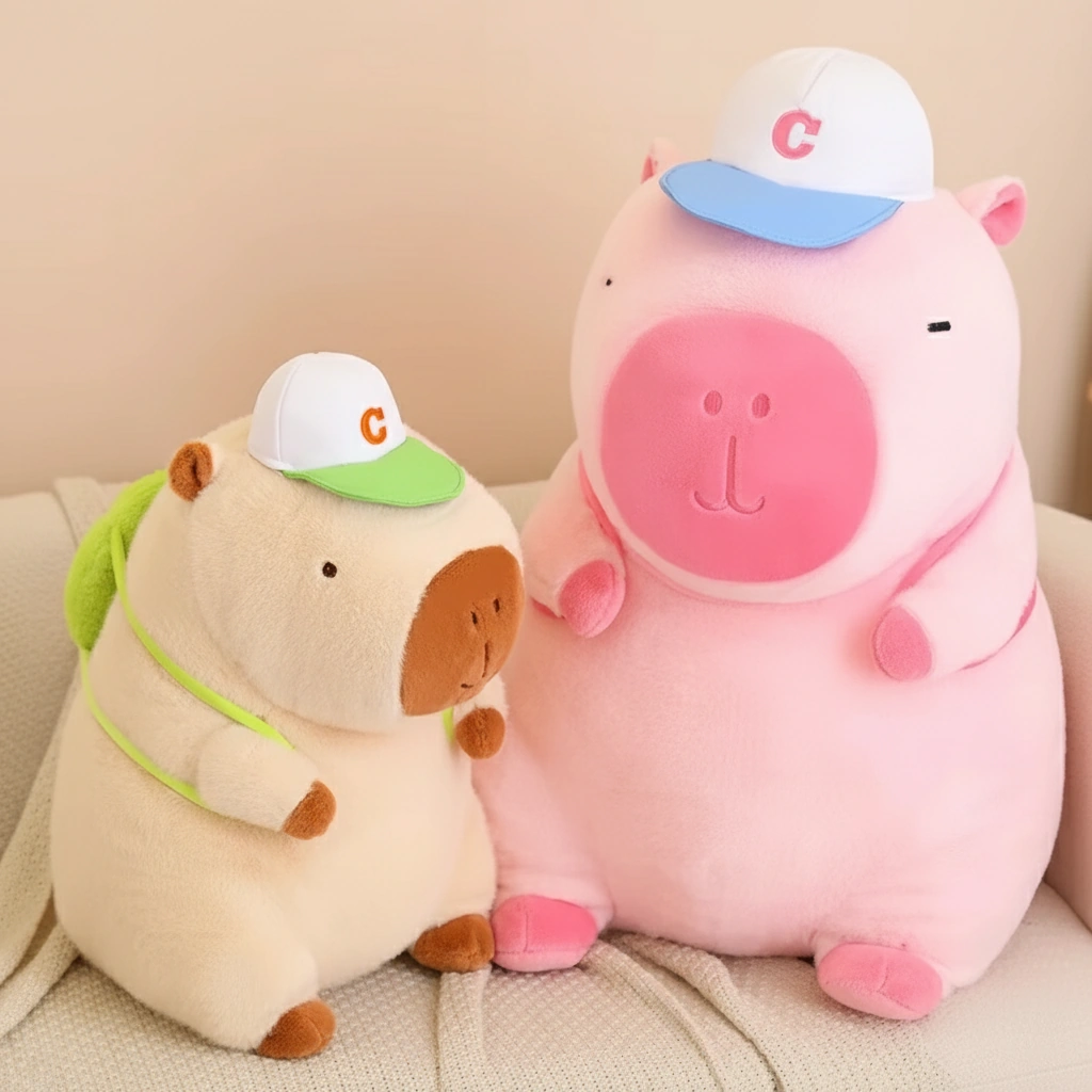 pink and brown capybara plush toy with baseball cap