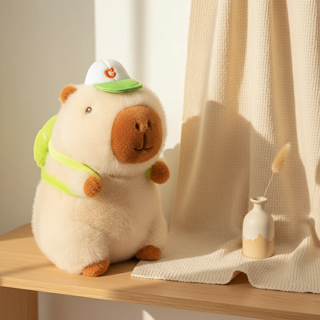 brown capybara plush toy with baseball cap