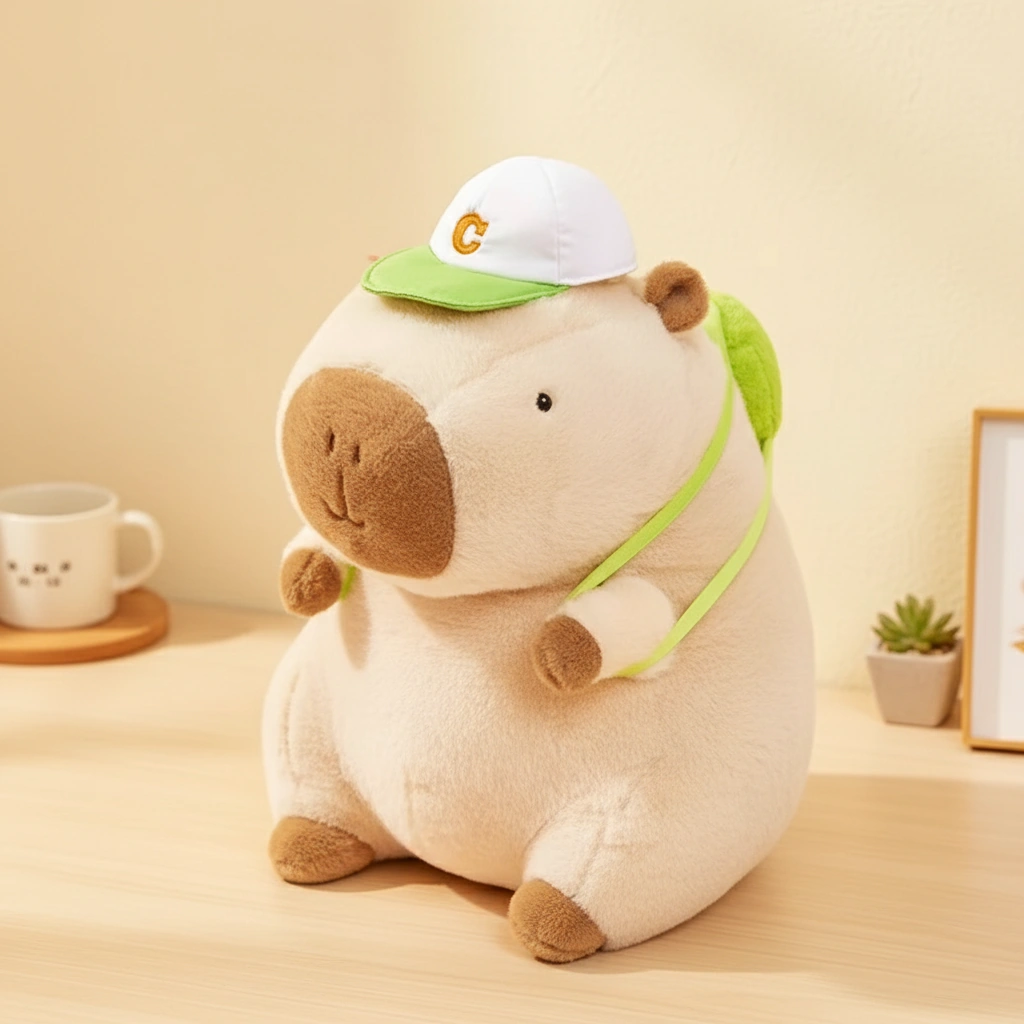 brown capybara plush toy with baseball cap