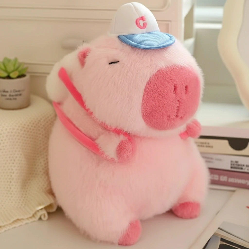 pink capybara plush toy with baseball cap